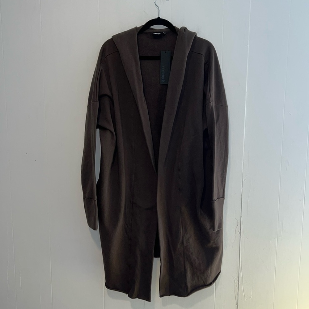 NWT Mono B Open Longline Women'ss Hooded Cardigan  With Pockets Brown 1086